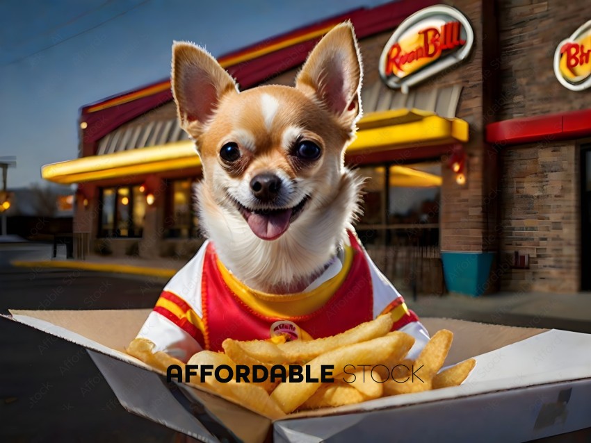 A small dog wearing a red and white shirt is sitting in front of a box of french fries