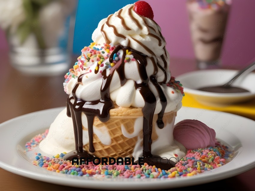 A Chocolate and Vanilla Swirl Ice Cream Sundae with Rainbow Sprinkles