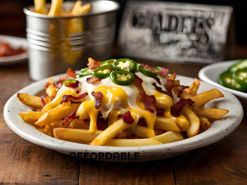 A plate of french fries with cheese and jalapenos