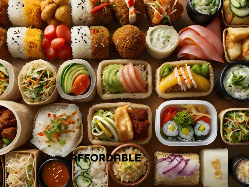 A variety of foods including sushi, rice, and vegetables