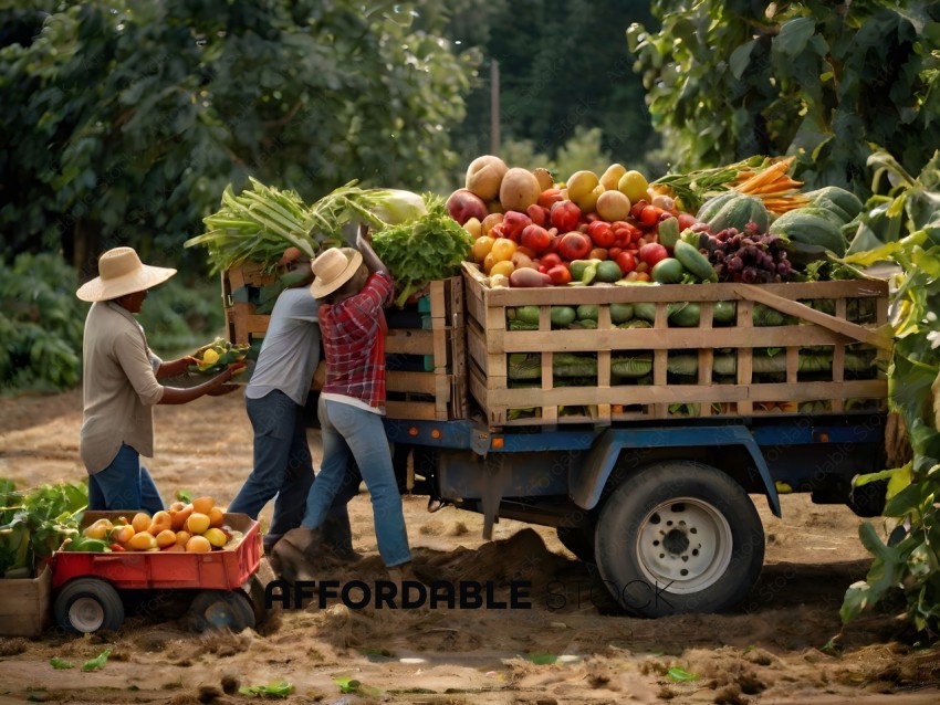 Farmers unload produce from a truck