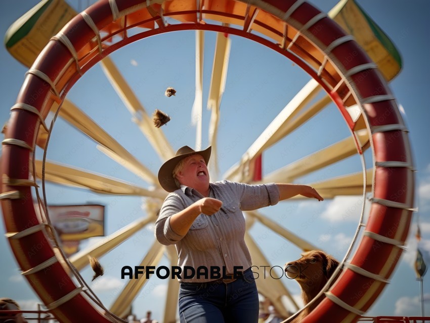 A woman in a cowboy hat throwing a ring of a carnival game