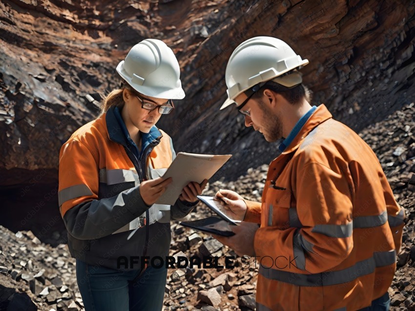 Two workers looking at a tablet computer in a rocky area