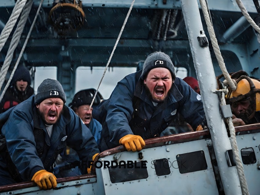 Men in blue jackets and yellow gloves on a boat