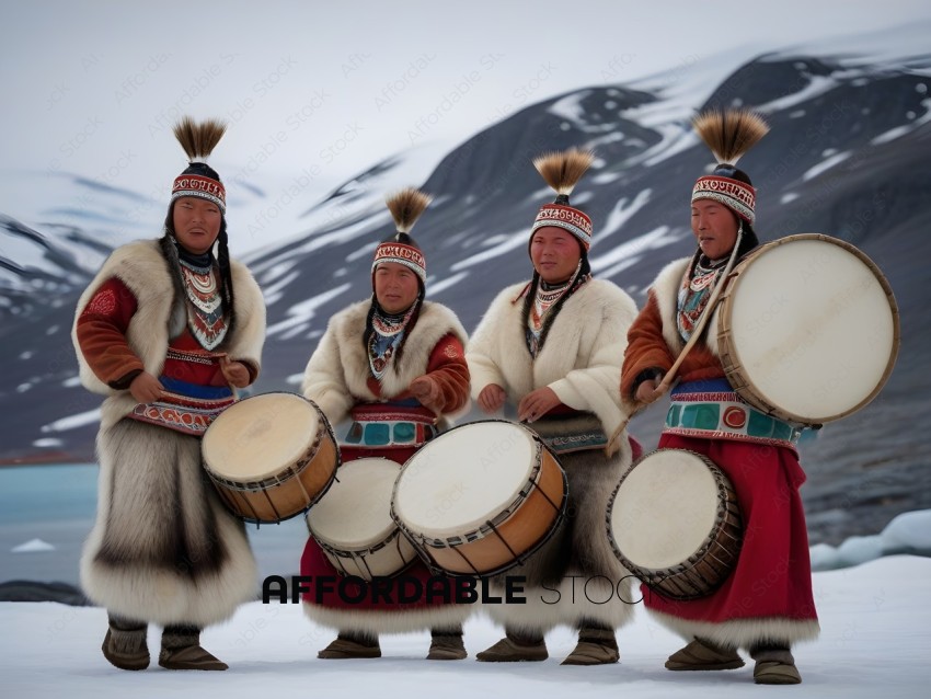 Four men dressed in traditional native costumes playing drums