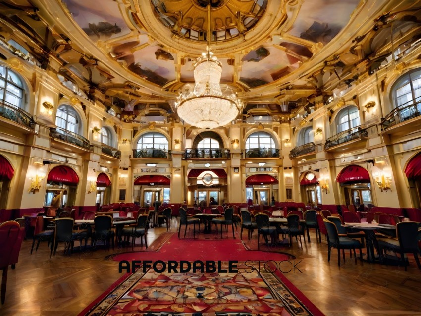 A grand ballroom with a chandelier and red carpet