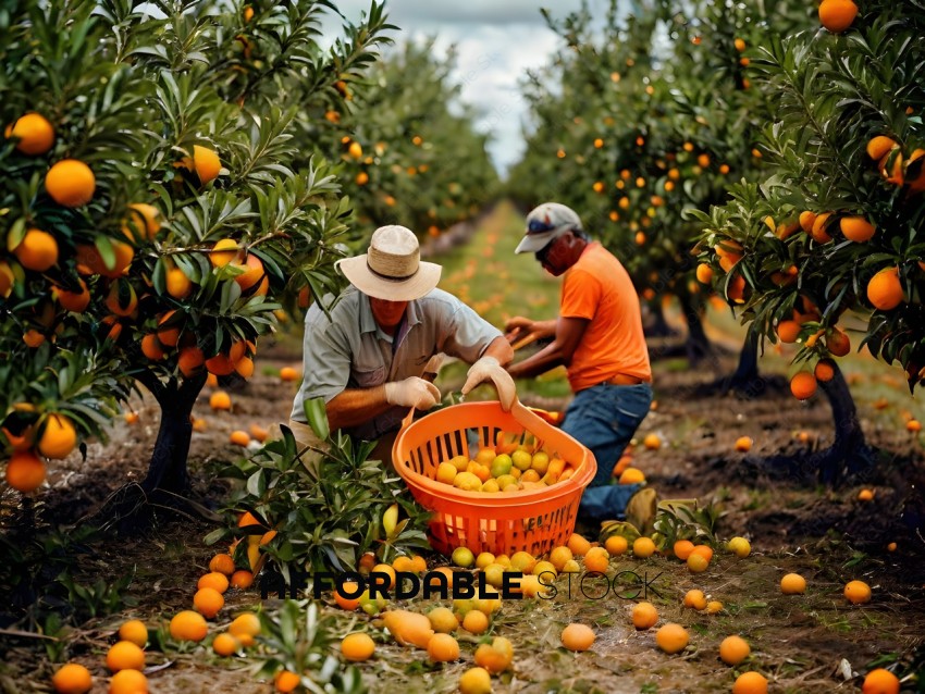 Two men picking oranges in a field