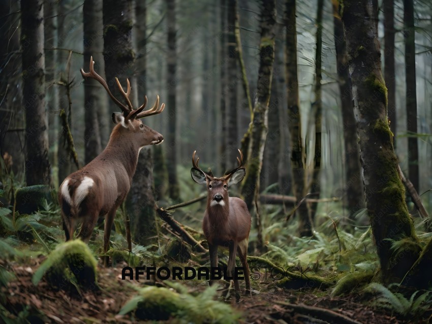 Two deer standing in the woods