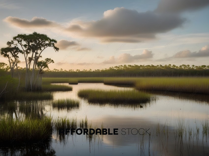 A serene scene of a swamp with a reflection of a tree