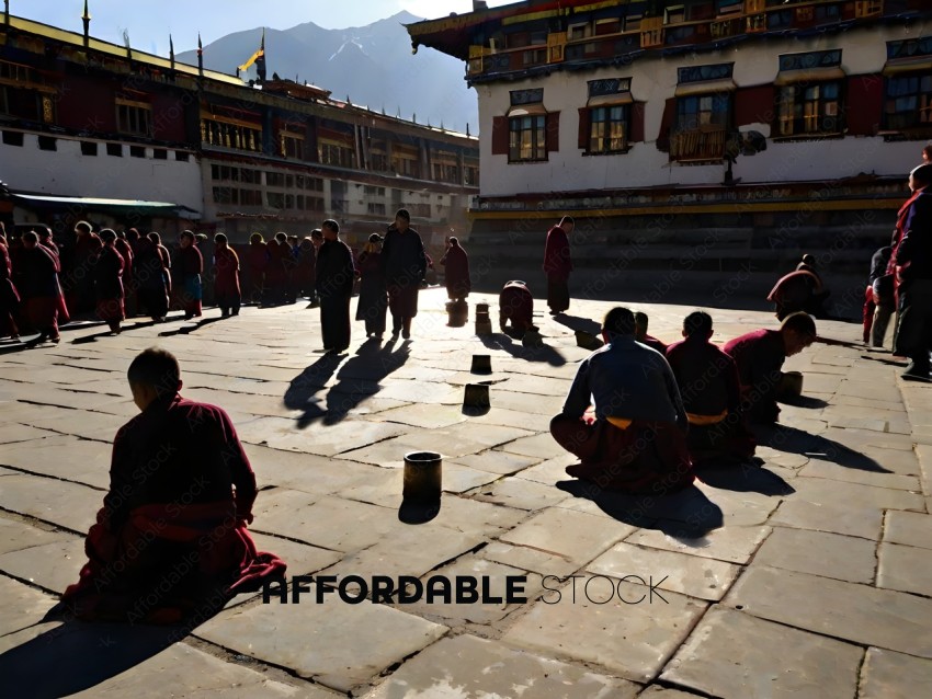 Monks in maroon robes sitting on the ground in front of a building