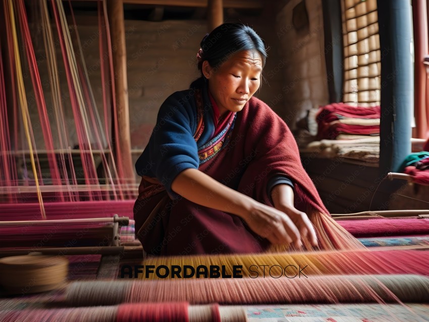 A woman wearing a blue sweater is weaving a colorful fabric