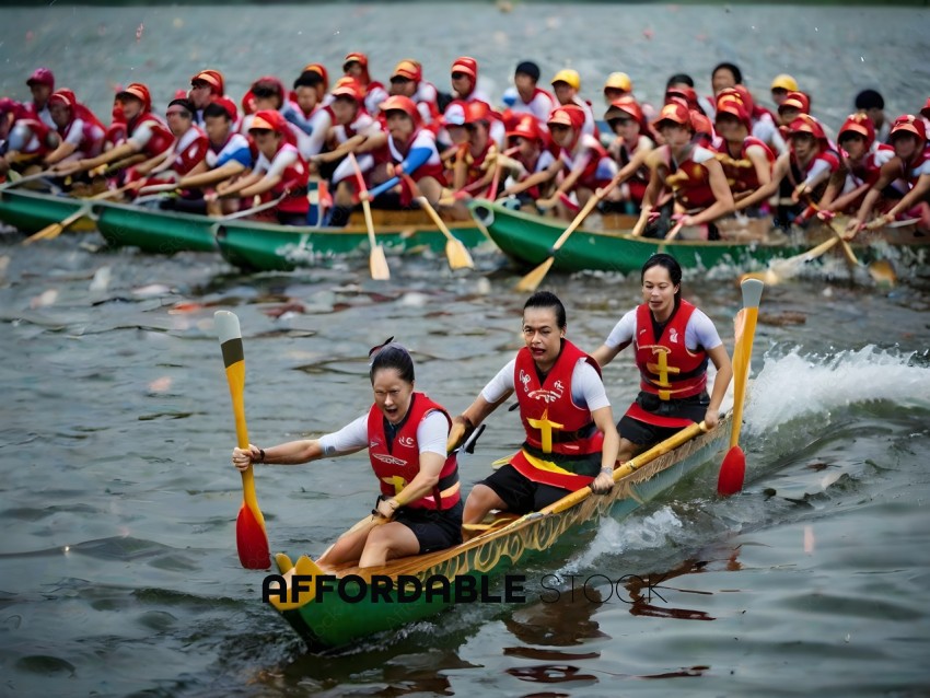 Crew of Asian women paddle in a race