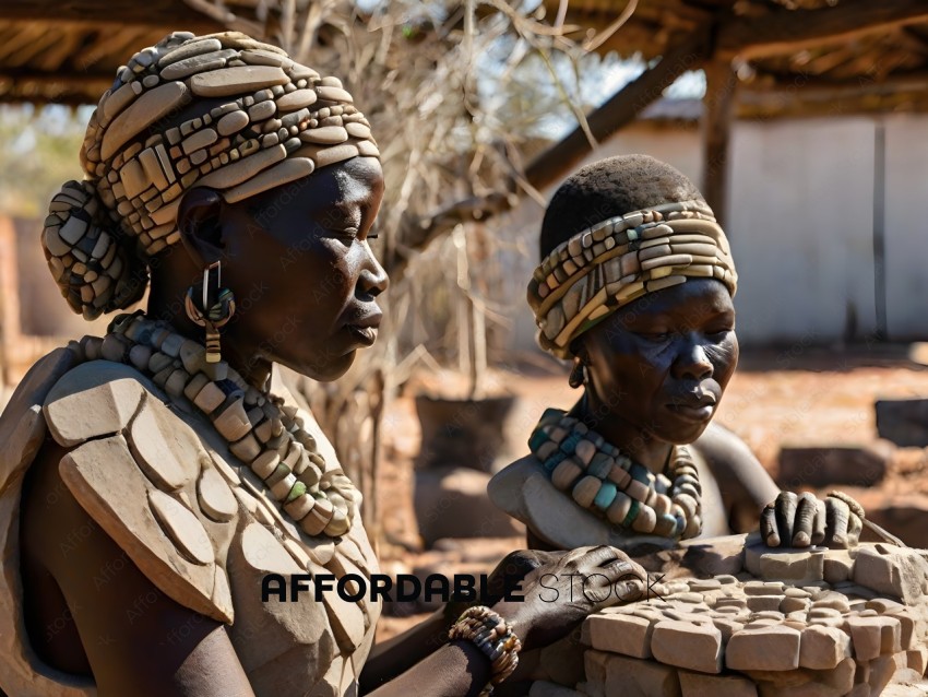 Two African women working on a brick wall