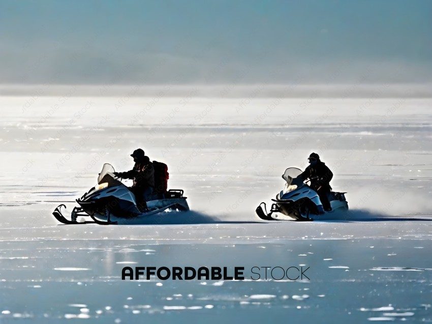 Three people on snowmobiles in the snow