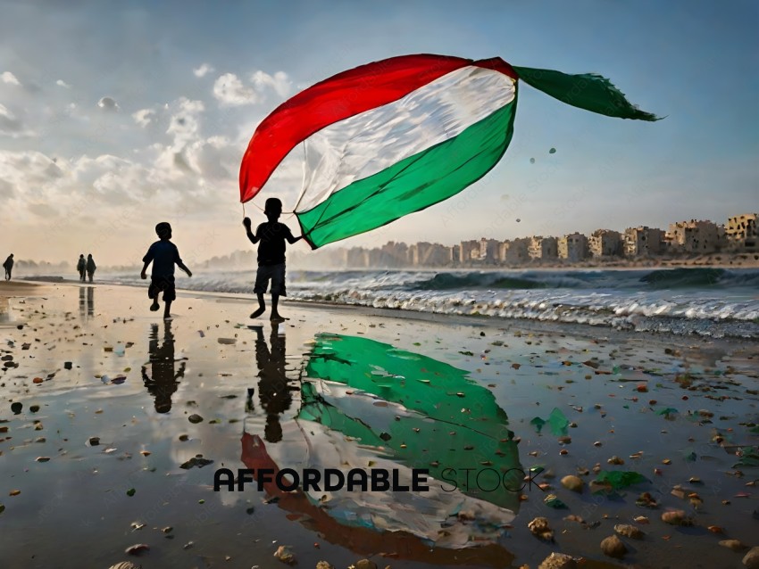 Two children playing on the beach with a kite