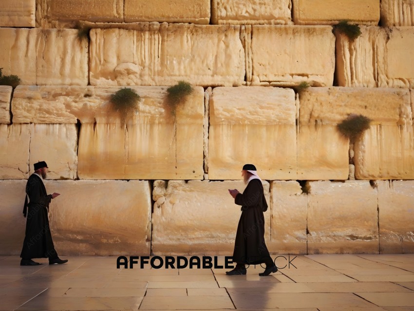 Two men in religious robes walk in front of a stone wall