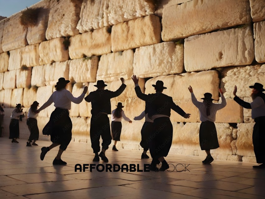 People dancing in front of a stone wall