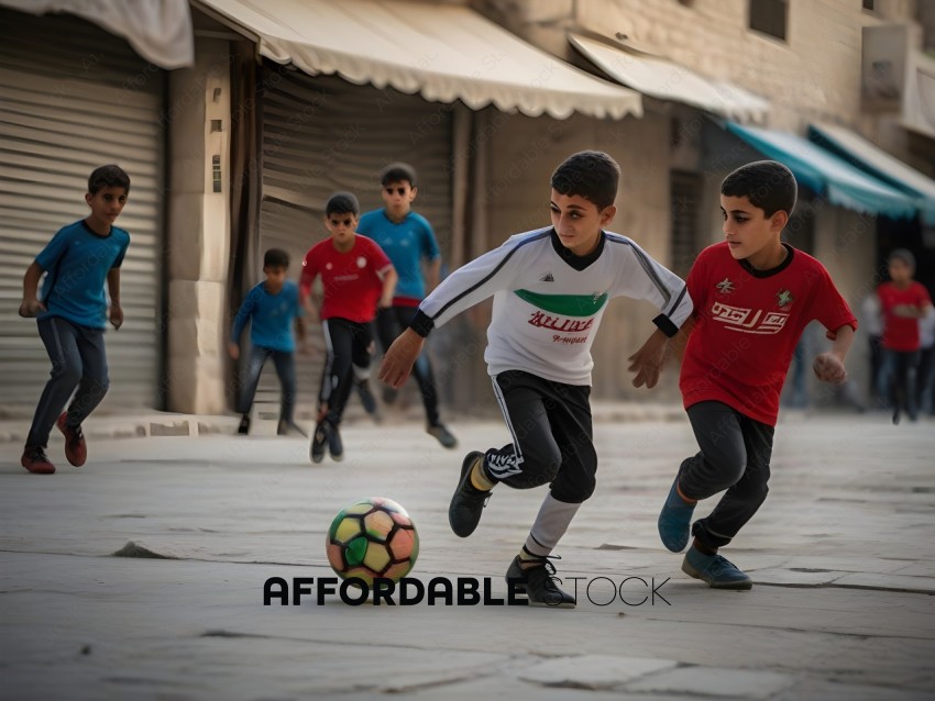 Young boys playing soccer on a sidewalk