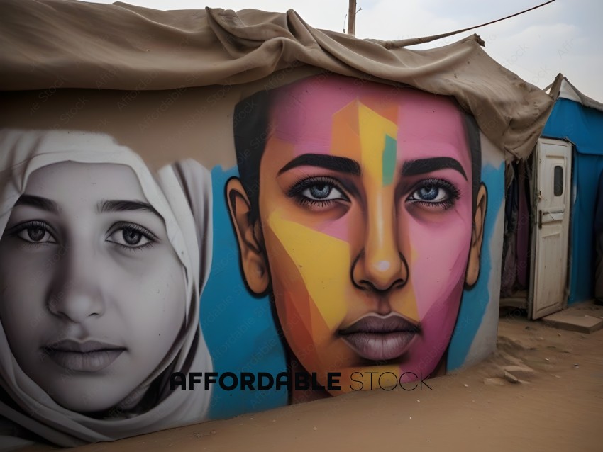 Graffiti of a woman's face with a headscarf and a man's face with a beard