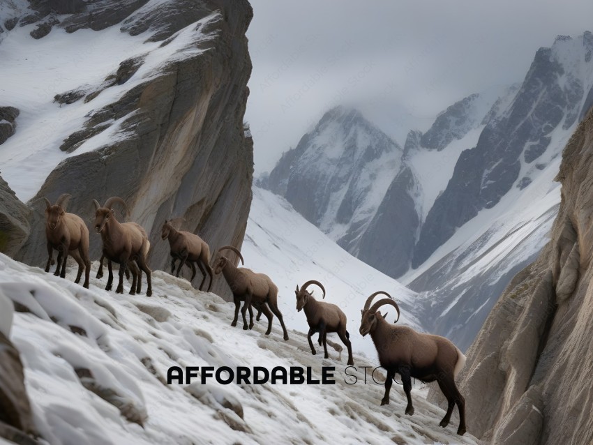 A herd of mountain goats on a snowy mountain