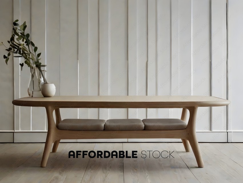 A wooden bench with two cushions in front of a white wall