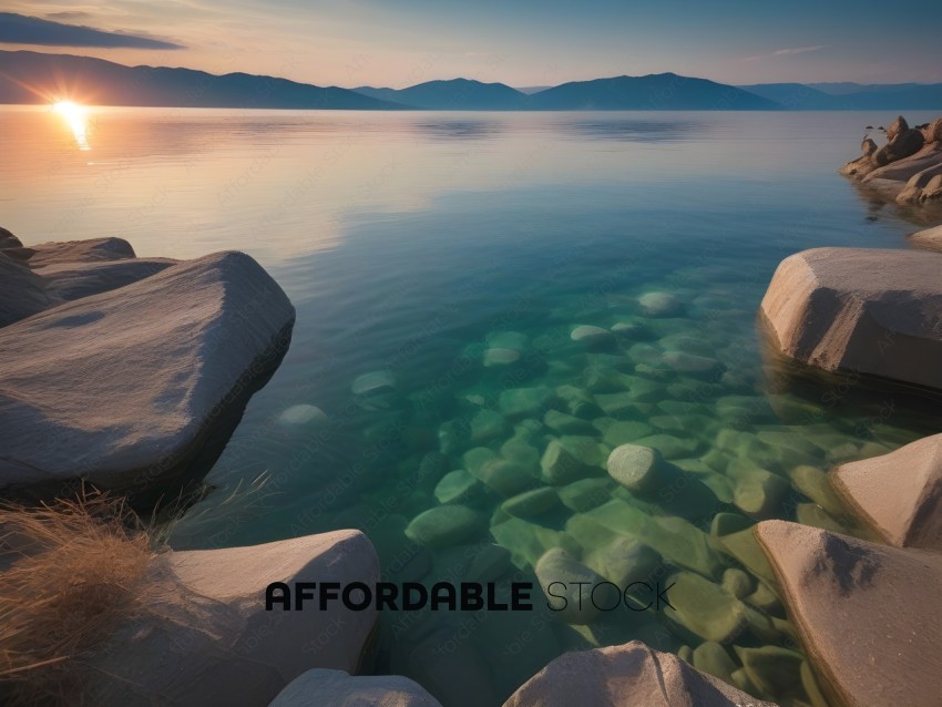 A rocky shore with a lake and mountains in the background