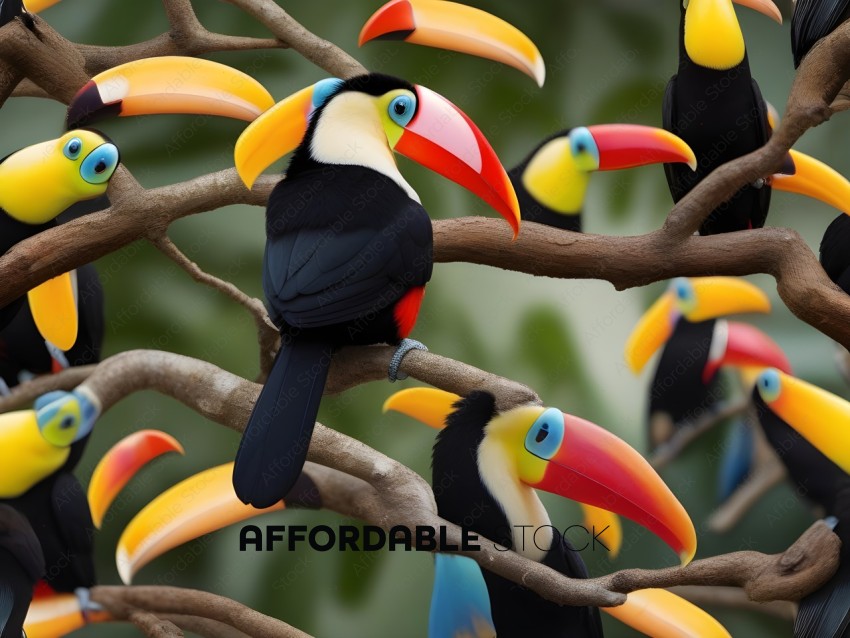 Parrots with colorful beaks perched on a branch