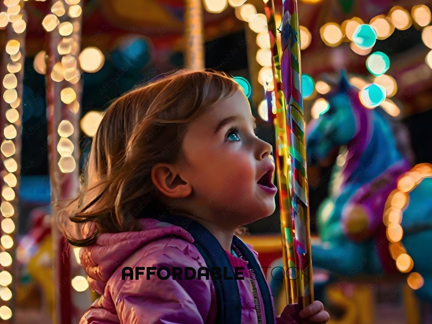A little girl in a pink jacket is looking at a carnival ride