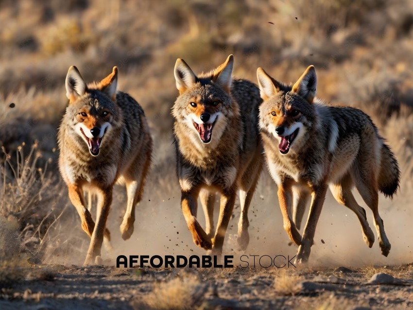 Three coyotes running in the dirt