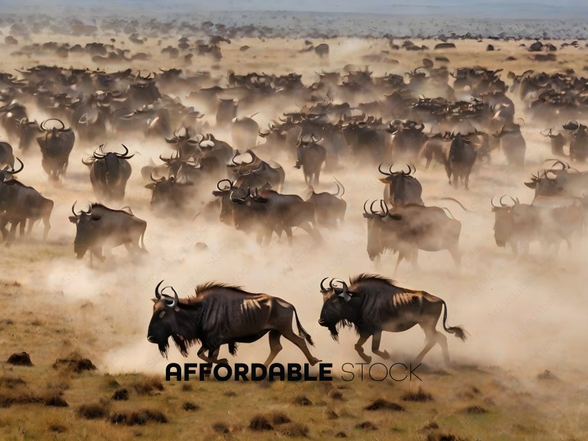 Herd of African Buffaloes running through the dusty plains