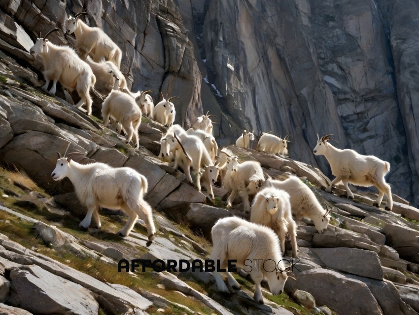 A herd of goats climbing a rocky mountain