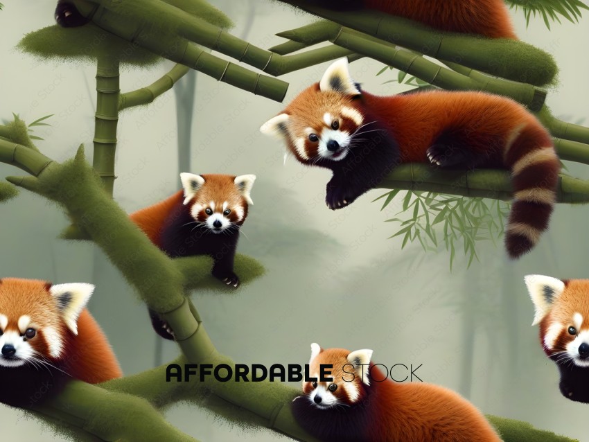 Red pandas resting on tree branches