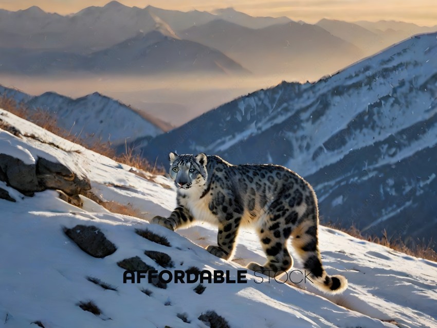 A snowy mountain with a snow leopard walking on it