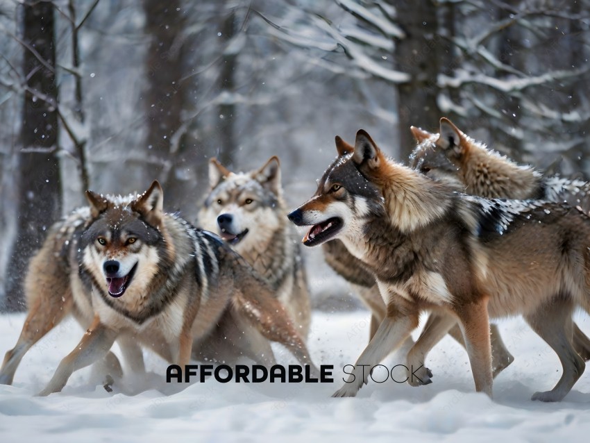 A pack of wolves running through the snow