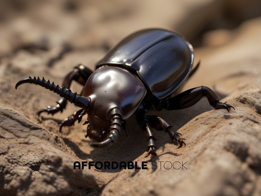 A close up of a large black beetle on a rock