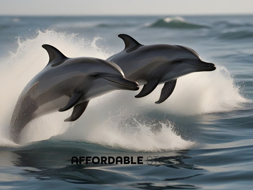 Two dolphins jumping in the ocean