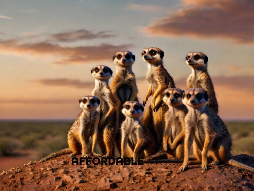 A group of seven small animals, possibly meerkats, are posing for a picture