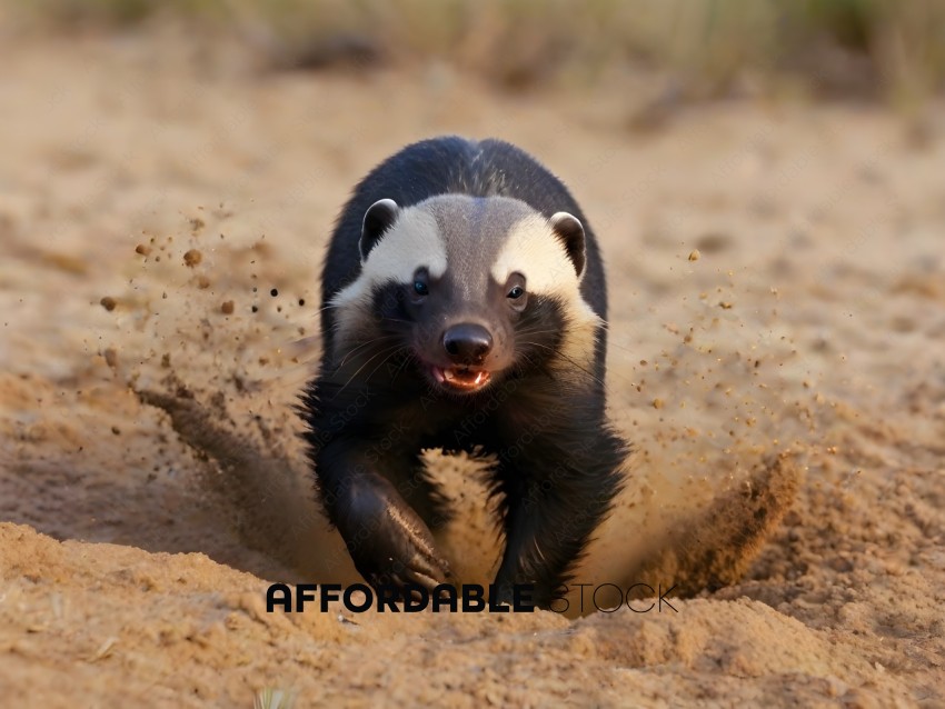 A black and white animal running through the sand
