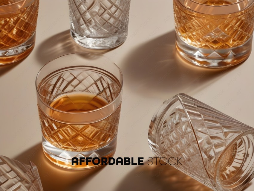 A collection of crystal glasses with a golden tint