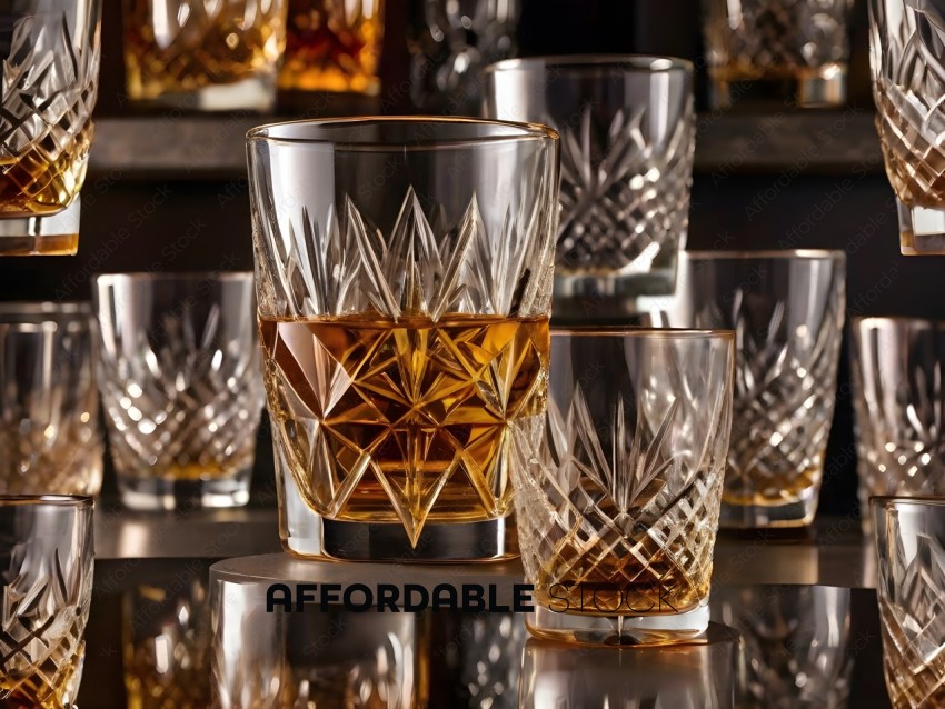 A collection of glasses and a small glass of liquor