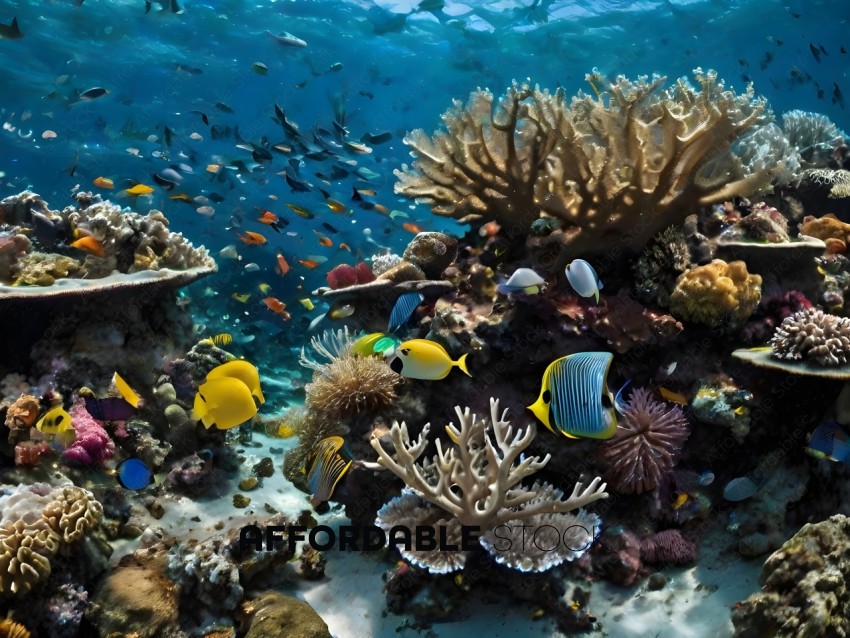A colorful coral reef with many different types of fish and coral