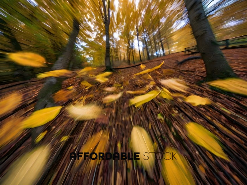 A blurry photo of a forest with yellow leaves