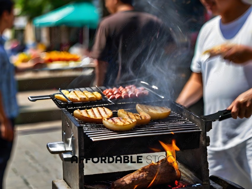A man cooking hot dogs on a grill
