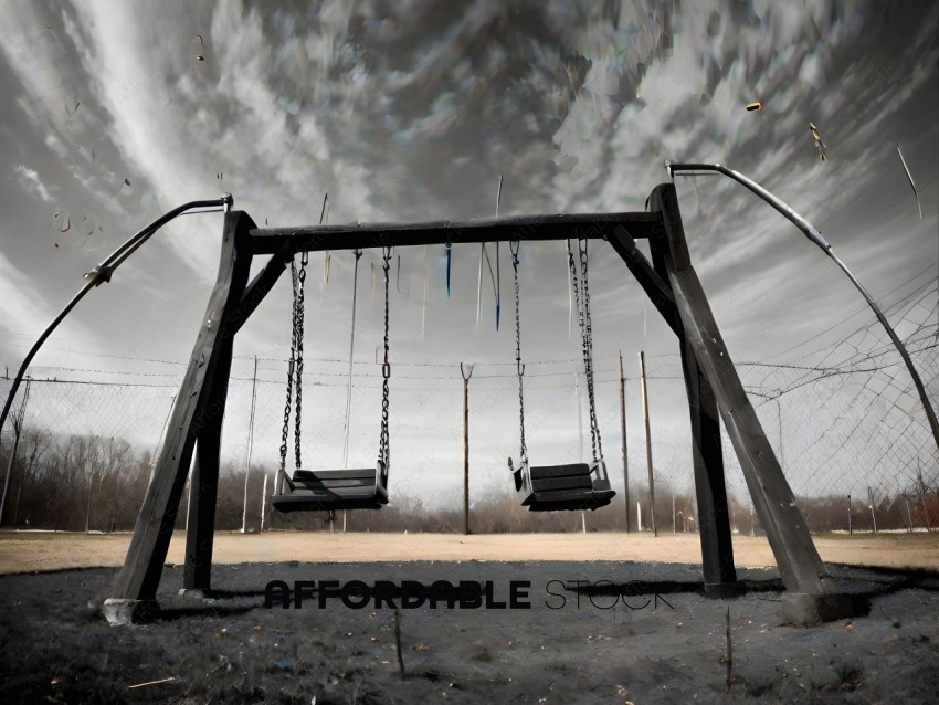 A swing set with two swings and a cloudy sky