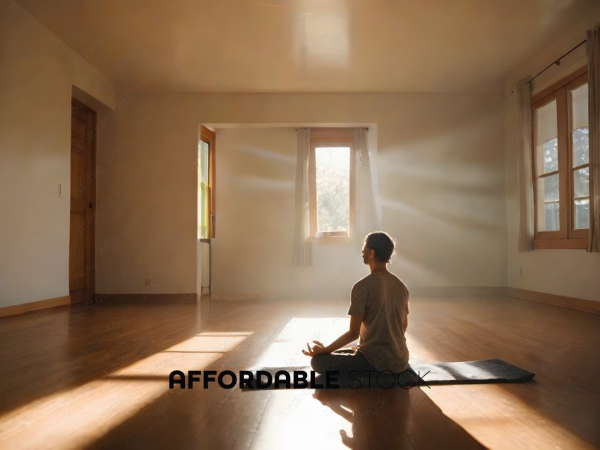 A man meditating in a room with sunlight streaming in through a window