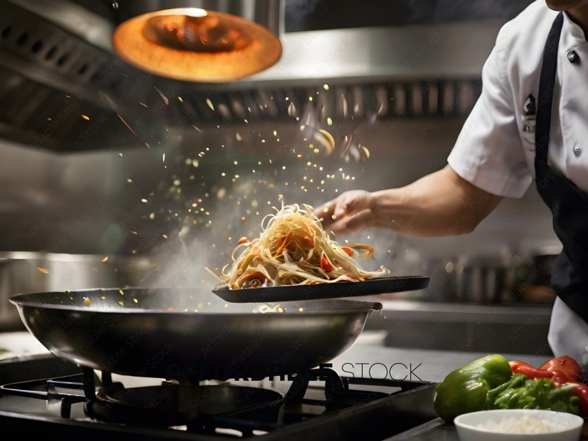 A chef cooking a stir fry with a green pepper and onion