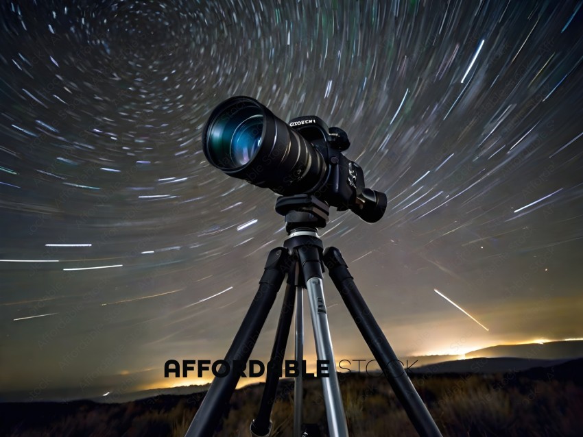 A camera on a tripod with a starry sky in the background