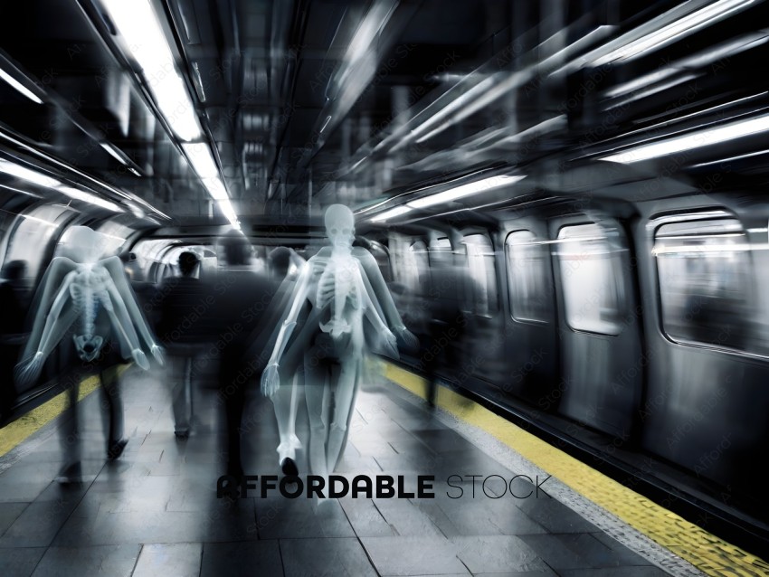 People with skeleton bodies walking on a subway platform