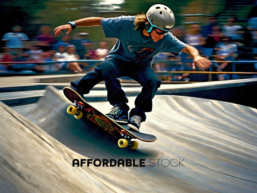 Skateboarder in a helmet riding a ramp