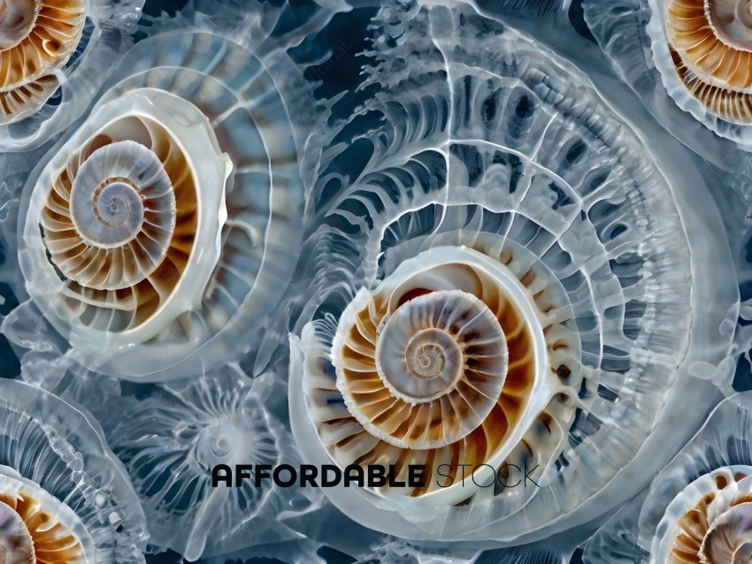 A close up of two spiral shells